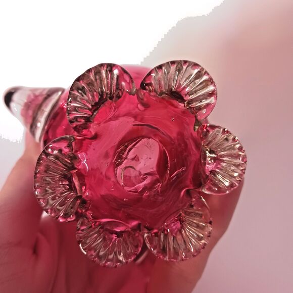 Pilgrim Cranberry Clear Ruffle Footed Glass Creamer Pitcher 4 1/4” Tall Vintage - Picture 3 of 8